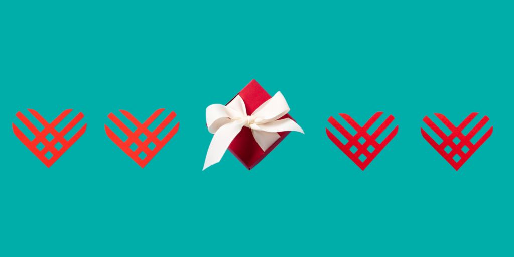 Teal rectangle with red GivingTuesday hearts and a gift box across the center of the shape