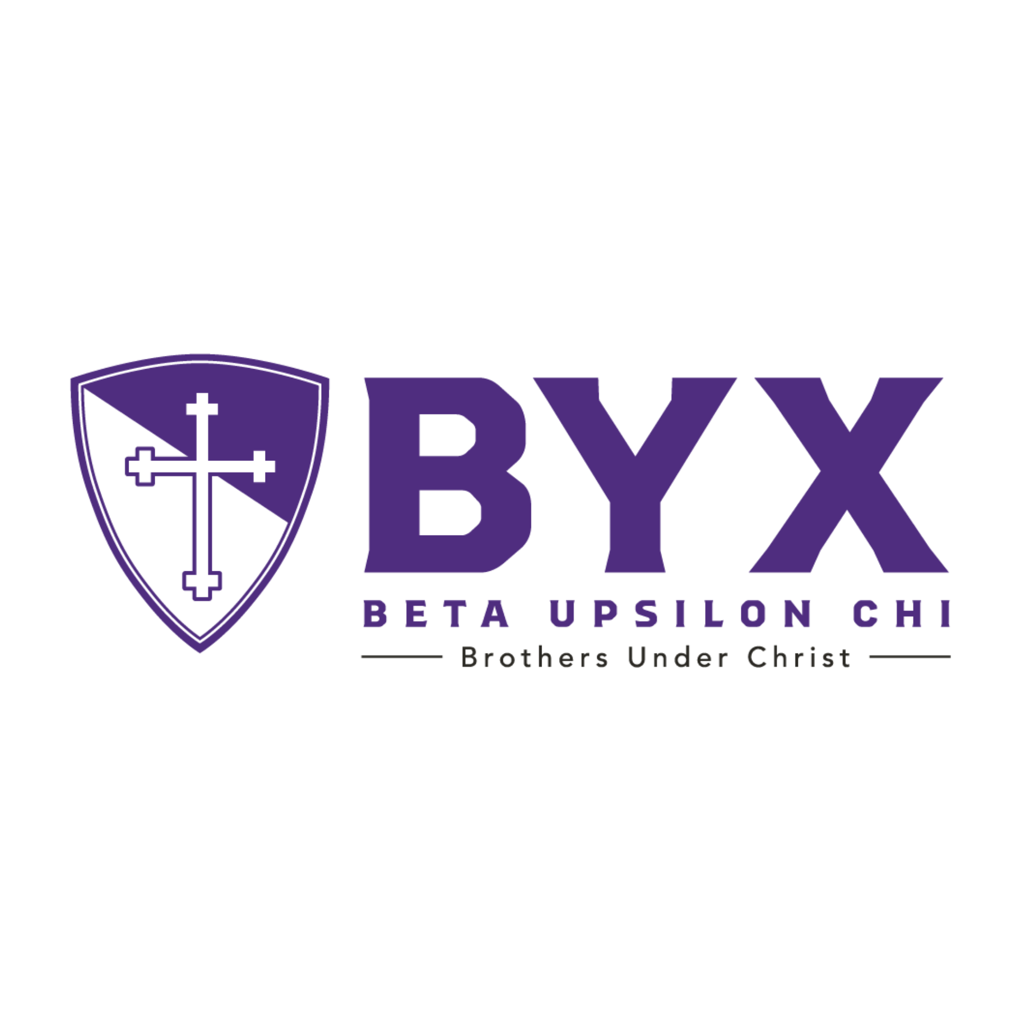 Beta Upsilon Chi logo in purple with the letters BYX and a shield with a cross o it